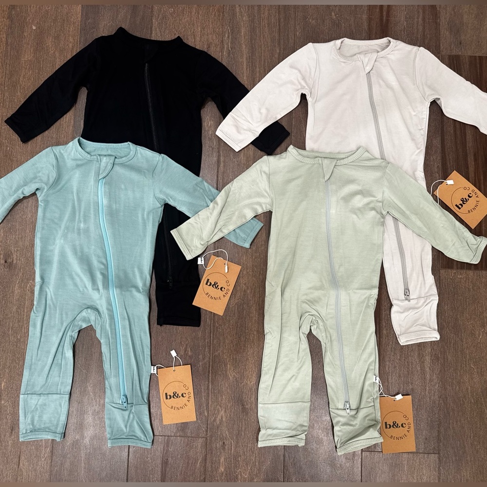 Lot of 4 NWT Bamboo Rompers Includes Black, Tan, Light Green, and Light Blue